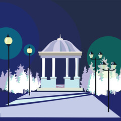 Vector background with cityscape, winter tones,with gazebo, street lamps,snow-covered trees, snowdrifts.Blue and white, architecture and urban decor.The basis for the design of postcards, signs,stamps