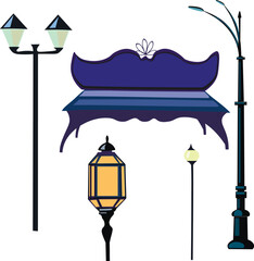 Set of vector illustrations of forged metal city lanterns,lamps with yellow light and a stone bench, elements of urban decor,design of park areas.Isolated, for design of city maps, signboards,catalogs