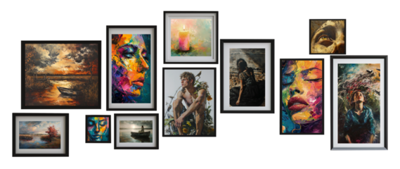 Multiple thin black frames with oil paintings over white transparent background