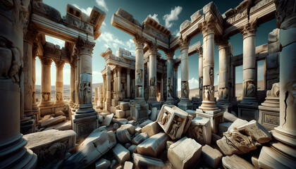 An ancient ruins under a clear blue sky. The scene is composed of the remains of grand columns and architraves - obrazy, fototapety, plakaty