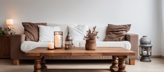 A close-up view of a wooden coffee table decorated with various candles, creating a warm and cozy ambiance in the room