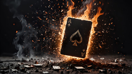 A giant flaming ace of spades card is disintegrating with dramatic fiery and smoky effects amidst scattered playing cards on a dark background - Powered by Adobe