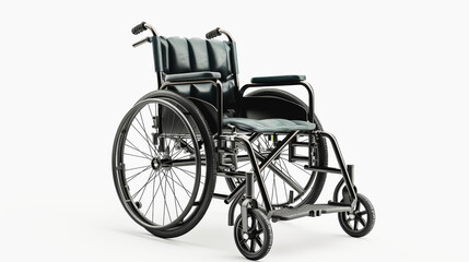 Fototapeta na wymiar Black manual wheelchair with footrest on a white background, symbolizing accessibility and mobility assistance.