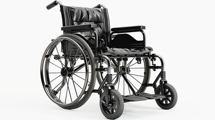 Fototapeta na wymiar Black manual wheelchair with metallic frame and large rear wheels on a white background.
