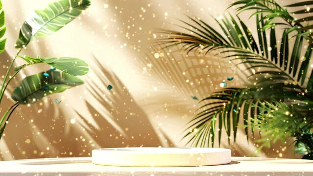 Minimal scene with wooden podiums and palm leaves. 3d render