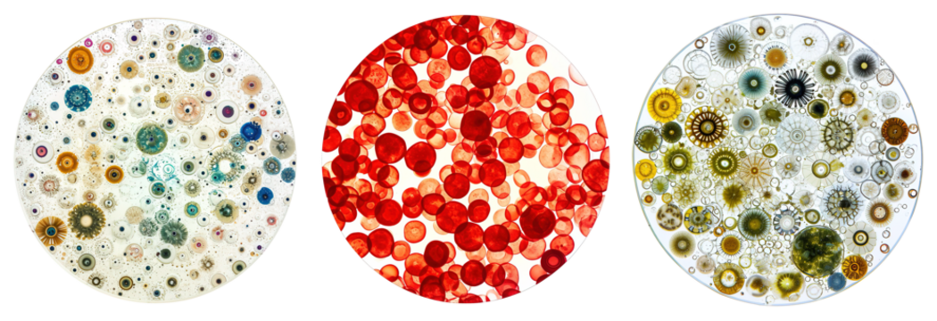 Particles, bloods and nanoparticles seen under microscope lens. Isolated over white transparent background - Powered by Adobe