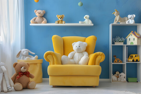 Children's room with yellow armchair soft toys on flate background