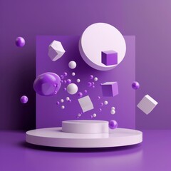 3d purple and white abstract geometrical shaped figures placed on purple background. Generative AI