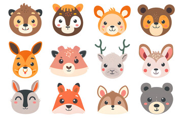 Fototapeta premium A collection of animal faces, including a bear, a deer, and a rabbit. The faces are all smiling and appear to be cute and friendly. Generative AI