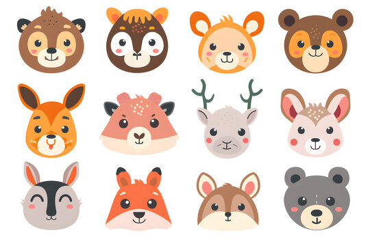 A collection of animal faces, including a bear, a deer, and a rabbit. The faces are all smiling and appear to be cute and friendly. Generative AI
