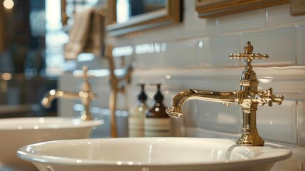 High-quality, tall vintage faucet over a basin in a stylish bathroom, a close-up that captures the essence of inspired, timeless design