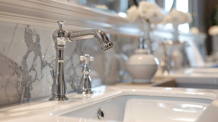 Ideal bathroom inspiration with a close-up on classic, high-quality 3-hole basin taps, blending timeless design with modern functionality - obrazy, fototapety, plakaty