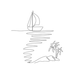 One continuous line drawing of yacht sailing on sea, island, palms. Vector simple one line landscape illustration. Ocean surface scene for minimal poster, template, adventure or vacation card design.