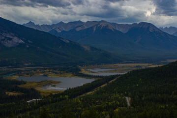 Aerial view of the Vermilion Lakes near Banff, Canada.