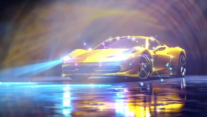 Realistic shiny yellow sports car lighting on stage in the dark. 3d rendering looping video