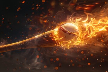 baseball bat shattered by swinging at a baseball the form of an burn on fire in mid air. - obrazy, fototapety, plakaty