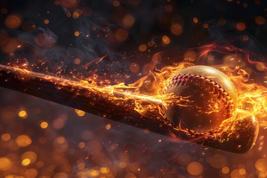 baseball bat shattered by swinging at a baseball the form of an burn on fire in mid air.