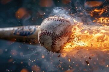baseball bat shattered by swinging at a baseball the form of an burn on fire in mid air.