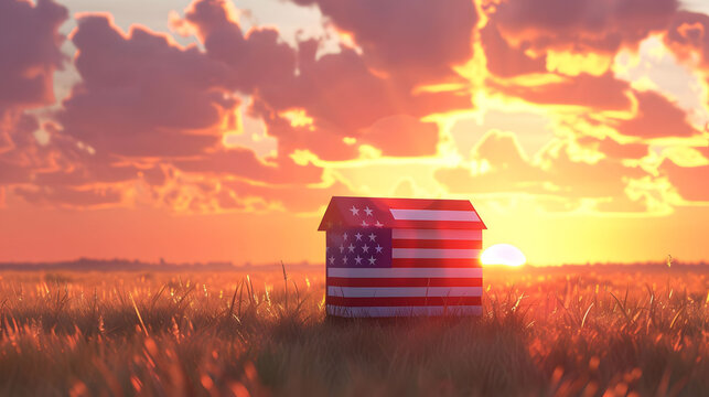 flag of the United States and in the background a sunset with some clouds - Generated with AI