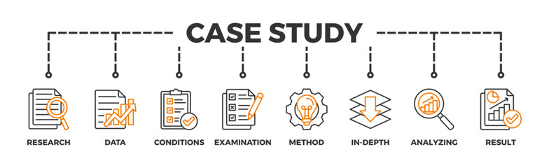 Case study banner web icon illustration concept with icon of research, data, conditions, examination, method, in-depth, analyzing, and result