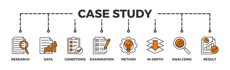 Case study banner web icon illustration concept with icon of research, data, conditions, examination, method, in-depth, analyzing, and result