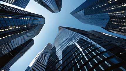 Looking up from a low vantage point, the image captures a cluster of towering skyscrapers converging into a clear blue sky