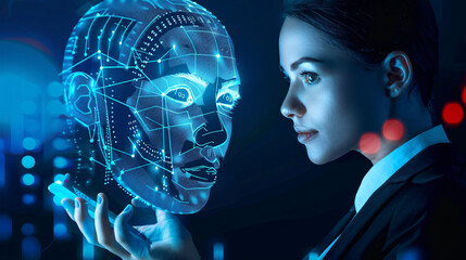 artificial intelligence concept, businesswomen using smartphone, analysis digital 3d human face, business data, human face, brain power, blue background, generative ai