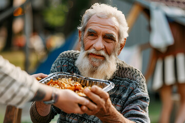 Food donation given to poor old people, Homeless charity concept. Volunteer providing aid a bowl of food distribution