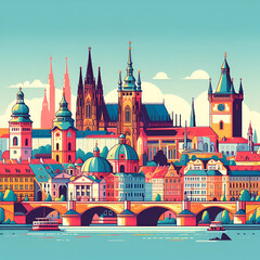 Fototapeta na wymiar Colourful abstract flat vector Prague City, Czech Republic skyline illustration, European architecture, cathedral, travel poster