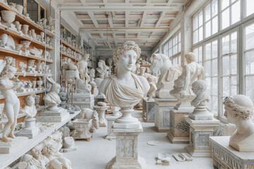 
Una gran sala utilizada como laboratorio de artistas, llena de esculturas: columnas de mármol, bustos, grandes animales - obrazy, fototapety, plakaty