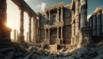 Obraz premium The ruins of an ancient civilization, depicting the remains of a once-magnificent temple. The scene includes towering columns