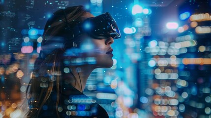 Woman using a virtual reality headset with cityscape lights reflected on the visor. - obrazy, fototapety, plakaty