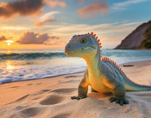 dinossauro bonito do bebê sentado na praia de areia ao pôr do sol