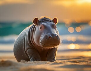 hipopótamo bonito do bebê sentado na praia de areia ao pôr do sol