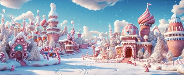 Winter wonderland depicted in a with colorful cartoon amusement park and candy land augmented by...