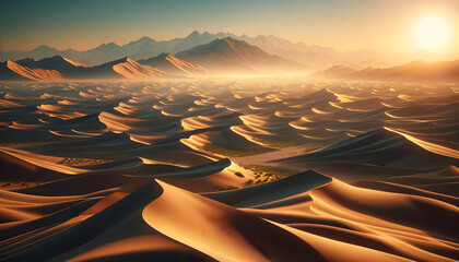 A vast desert landscape at sunrise. The view captures endless rolling sand dunes, each with its own distinct shape and size - obrazy, fototapety, plakaty