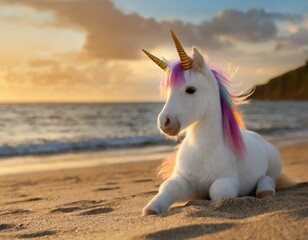 unicórnio bonito do bebê sentado na praia de areia ao pôr do sol - obrazy, fototapety, plakaty