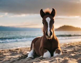 cavalo bonito do bebê sentado na praia de areia ao pôr do sol - obrazy, fototapety, plakaty