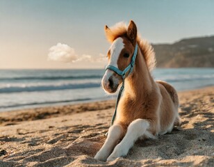 cavalo bonito do bebê sentado na praia de areia ao pôr do sol - obrazy, fototapety, plakaty