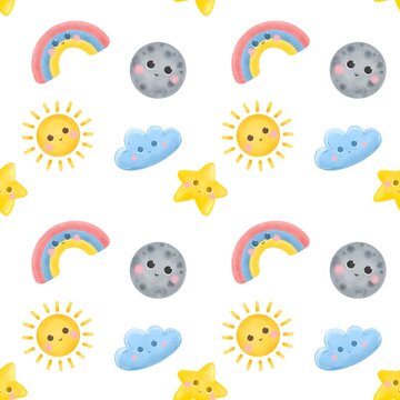 Seamless pattern Sun and moon rainbow star kids print textile children background
