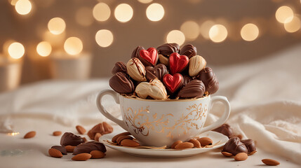 An ornate teacup overflows with a variety of chocolate hearts against a backdrop of soft lights and scattered almonds - obrazy, fototapety, plakaty