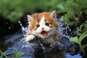 Irresistibly adorable and playful kitten splashing happily in the refreshing water