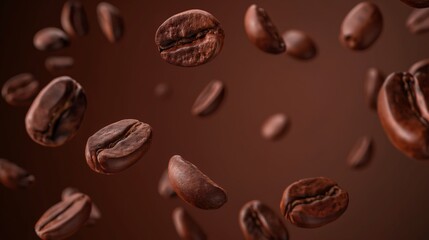 Roasted coffee beans flying in the air over brown background.