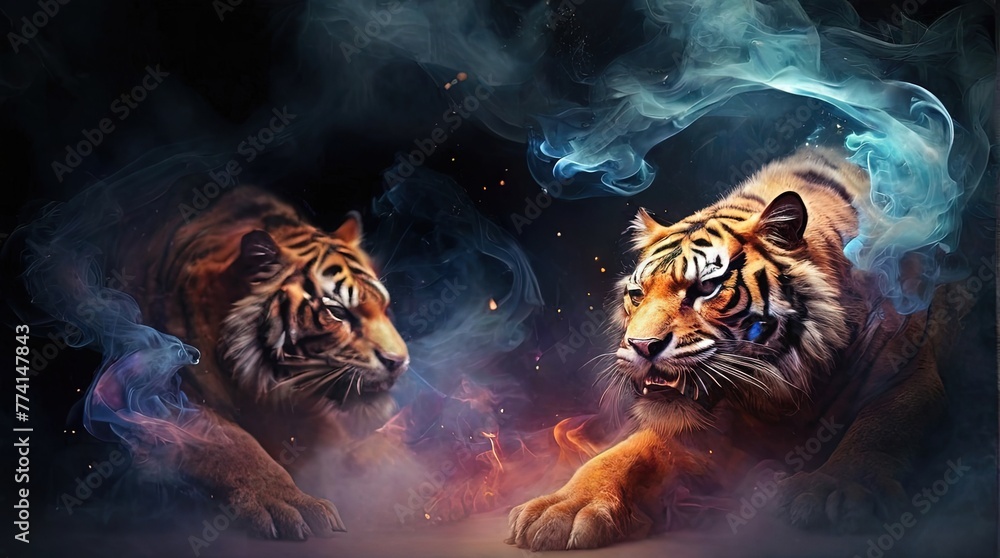 Wall mural tiger in the fire