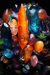 Mystical crystal arrangement. Closeup of colorful magical sparkling crystals.