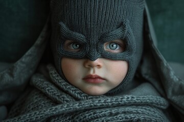 Child in a super hero costume. Hood and cloak colored suit, has superpowers, masquerade, joy and happiness on the face