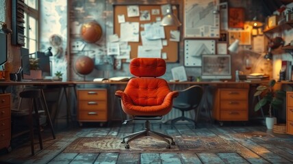 A chair in an innovation hub adorned with drafts and entrepreneurial strategies.
