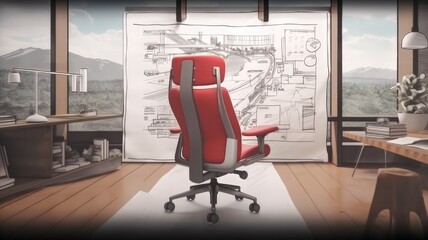 A chair in an innovation hub adorned with drafts and entrepreneurial strategies.
