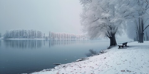 Beside the lake during the initial snowfall period, Generative AI 