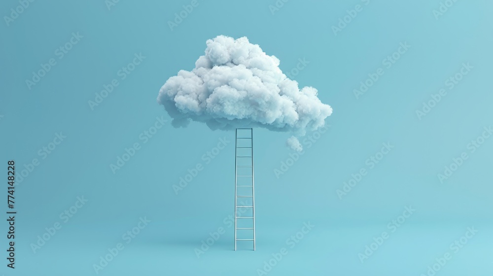 Poster an abstract 3d render of a ladder and white clouds on a blue background with a ladder in the foregro